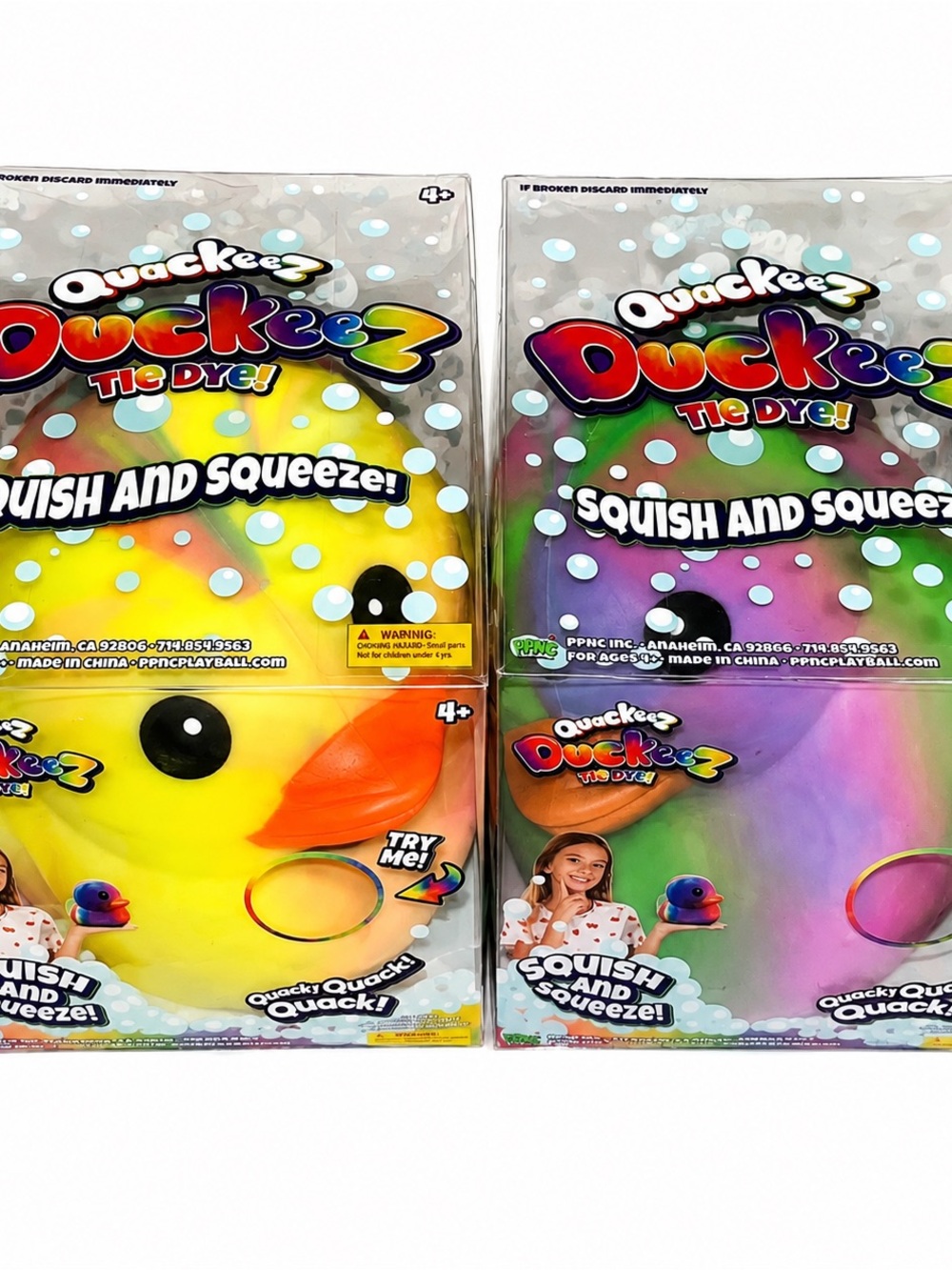 2 Tie Dye Squishy Duck Plush - Yellow & Purple